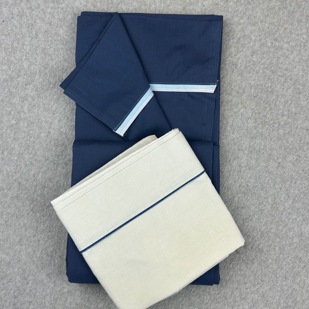 Vtg Sears Perma-Prest Percale Twin Flat Sheet Navy Blue Cream Pillowcase